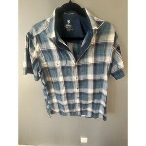 KÜHL Mens M Blue Plaid Short Sleeve Button-Up Shirt Seersucker Outdoor Casual
